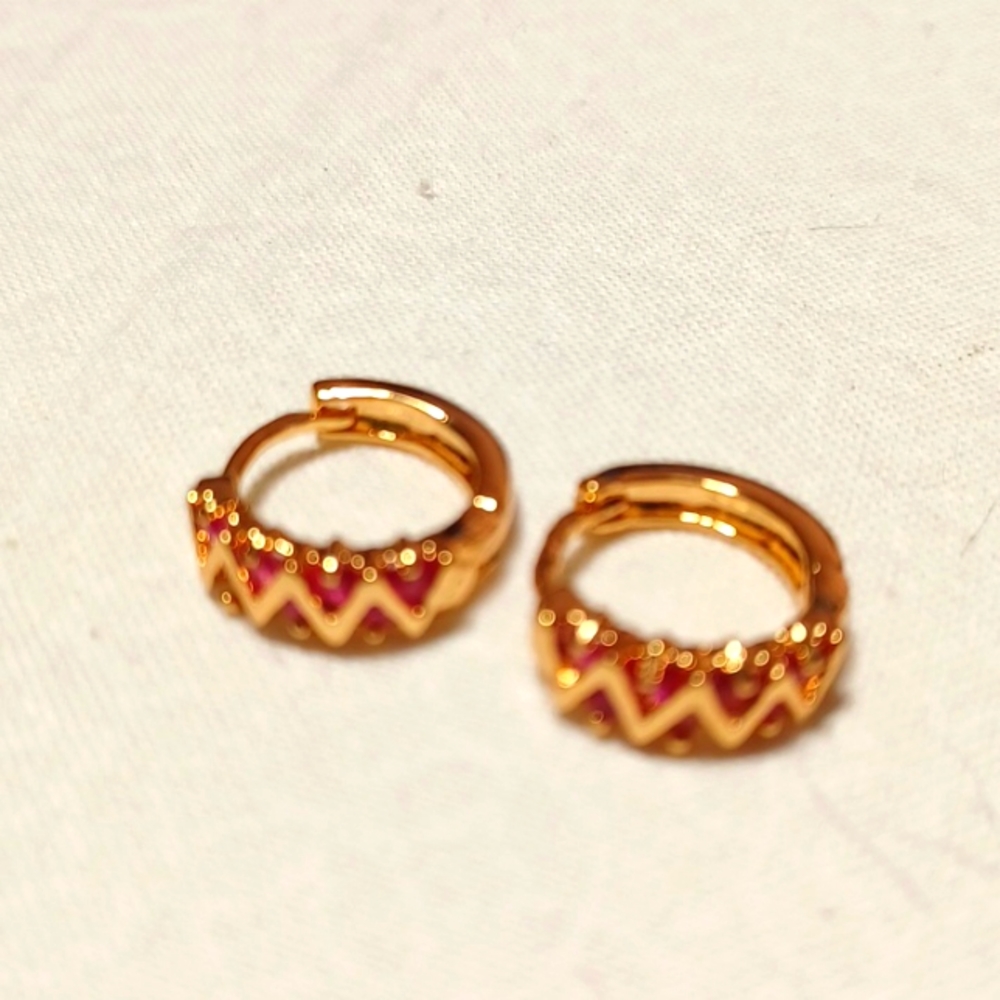 Golden pink geometric earrings handcrafted gold triangle shape hoop style gems